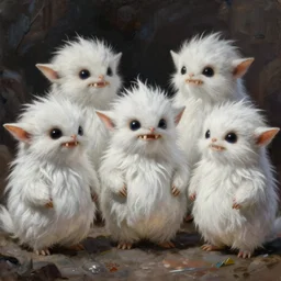 a very high detailed painting of teek of the ewoks strar wars, small furry white creatures with pointed ears and glowing black eyes. Also, they had big teeth They like everything shiny and will do anything to get it