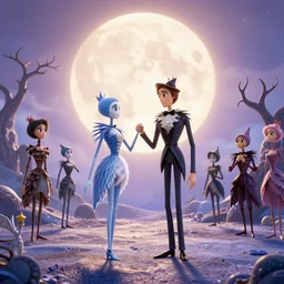 a scene from tim burtons nightmare before christmas, illustration, reality, wide shot, light colors, highly detailed, sharp focus, cinema 4 d, 3 d, octane render