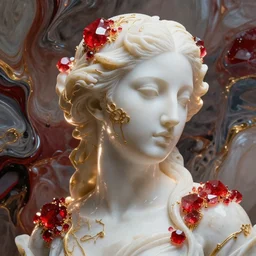 abstract highly detailed female sculpture portrait made of white marble and red crystals quartz, ethereal lights, fine details, artstation, film still, rim light, cinematic photoshooting, luxury, 8 k, intricate golden filigree, octane render, hypperrealistic painting, abstract liquid acrylic art, painting by alex heywood, randy bishop, kidmograph, james gilleard, refik anadol