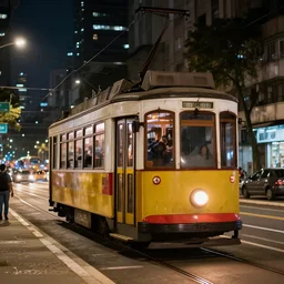 a tram ride in sao paulo city at night, photorealistic, ultra detailed, 8 k
