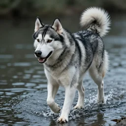 Husky walking over water, realistic details, cinematic lighting, 8K HD