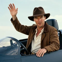 portait of benedict cumberbatch as indiana jones in top gun, waving from cockpit