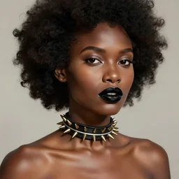 ultra realistic illustration, portrait a mixed maasai warrior woman, with black afro, with black lipstick, with a spikey choker around neck, intricate, elegant, highly detailed, digital painting, artstation, concept art, smooth, sharp focus, illustration, art by artgerm and greg rutkowski and alphonse mucha