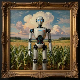 an ornately framed portrait painting of a robot farmer standing in front of rolling cornfields and beautiful clouds. pulp sci - fi art for omni magazine. high contrast. dark background. baroque period, oil on canvas. renaissance masterpiece. trending on artstation. retrofuturism.