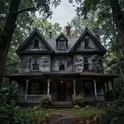 photorealistic, fine details, haunted house in the woods