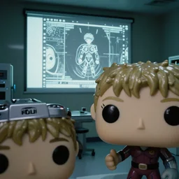 fuji 5 0 r, 3 5 mm, hyperrealism ; closeup ran film still of mri lab interior with window view ; in the background projection of beautiful matrix film still of seinen manga gold funko pop cyborg statue scene ; style of 1 9 9 0 frontier in extreme closeup porcelain photography magazine architectural studio edition, highly detailed, cinematic lighting, 8 k
