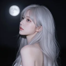 beatifull pale wan woman, feminine goddes, side view, lit by the moon, adorable korean face silver hair!!, style of fernand khnopff and lucien levy - dhurmer, 4 k resolution, aesthetic!,