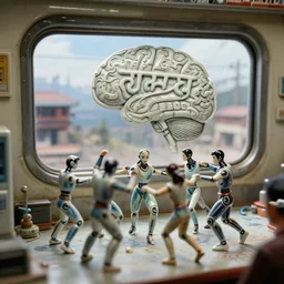 fuji gfx, 3 5 mm ; beautiful hyperrealistic film still from nepal movie of cyborg lab dance scene directed by microplastics in style of 1 9 9 0 s frontiers in miniature porcelain deep emboss macro design magazine architectural art studio seinen manga closeup portrait edition, real - life shinkansen window landscape view of porcelain wired devanagari brain map sign, highly detailed, tilt shift background