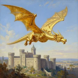 A beautifully highly detailed oil painting of an ancient gold dragon, with lots of very reflective, bright scales flying through the sky on a bright, sunny day over a huge medieval stone castle, by Afremov and Thomas Kinkade.