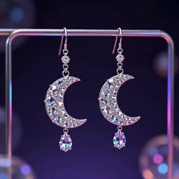 jewelry design, jewelry display, pair of crystal moon earring pendants ， fantasy neon