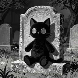 black cat-style voodoo doll with button eyes sitting on a gravestone in New Orleans, horror comic art cover, night, cute but scary, volumetric lighting