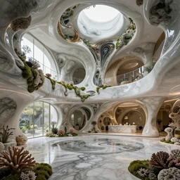 highly detailed ultra sharp 3 d villa interior cinematic composition of a smooth ceramic porcelain biomorphic magnolia stone nebula fluid fractal sci - fi surreal architecture landscape, granite, metallic, marble, moss, lichen, corals, vincent callebaut composition, mamou - mani, archviz, beautiful lighting, 8 k, unreal engine, hdr,