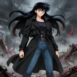 a goddess of destruction dressed in a black trench coat, and jeans in the style of akira toriyama in the style of jean giraud trending on artstation deviantart pinterest furaffinity detailed realistic hd 8 k high resolution