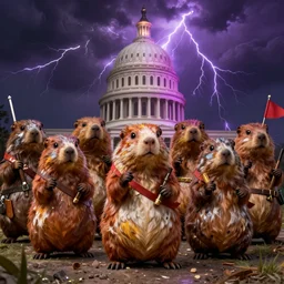 Capitol Riot lead by marmots painted by Thomas Cole with dramatic lightning, concept art, matte painting, 8k, highly detailed, artstation