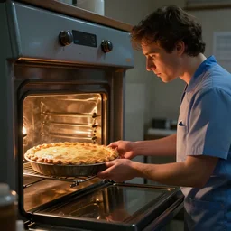a physical therapist baking a pie in the oven, volumetric lighting, 8 k octane beautifully detailed render, post - processing, extremely hyper - detailed, intricate, epic composition, cinematic lighting, masterpiece, trending on artstation, detailed detailed detailed, masterpiece, stunning art by anders zorn, wonderful masterpiece by greg rutkowski, beautiful cinematic light,