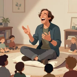 an awesome digital art masterpiece of timothy leary laughing while sitting on a pillow giving a talk to a small audience, in the style of jean giraud