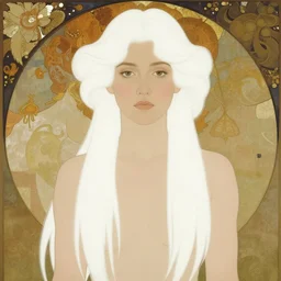 jamie lee curtis, tired, serious, intelligent, powerful, white hair, fully clothed, wise, beautiful, by alfons mucha, soft lighting, trending on artstation, flat colour