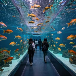 people observing lots of beautiful fish in an underground aquarium corridor, fantasy art, in the style of greg rutkowski, water droplets, highly detailed, artstation trend, highly detailed and intricate, sharp focus, photography, unreal engine 5