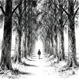 walking in a giant old wood corridor, 2 meters, black and white illustration, by james jean and wayne barlowe and moebius