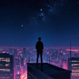 man on the view platform of a skyscraper looking up at the starry night sky, epic retrowave art, trending on art station