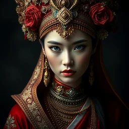 portrait of beautiful thai female model by irakli nadar with intricate detailed thai traditional headdress and clothing, haunting, elite, elegant, ruan jia, dark, hyper detailed, concept art, by gustav klimt, photorealistic