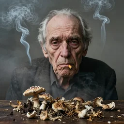 photographic portrait of wrinkly sad max ernst swan dried melting floral fungus with spiraling cigarette smoke, in fog