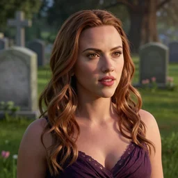 scarlett johannson, in a graveyard, soft surface texture, photo, soft sun lights, 4 k, high detailed photography result, 5 0 mm lens, rich deep colors, smooth gradients, depth of field, cinematic, hyper realism, high detail, octane render, unreal engine 5, 8 k, vibrant colors