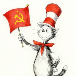 the cat in the hat by dr. seuss, the cat in the hat holding a ussr flag, hammer and sickle, detailed, imaginative, watercolor, in the style of dr. seuss