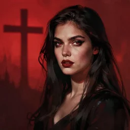 shameless woman whis impudent facial expression,  shadow of church cross, elegant, dark and mysterious, atmospheric, red, trending on artstation, highly detailed, digital painting, volumetric light, concept art, middle focus, illustration