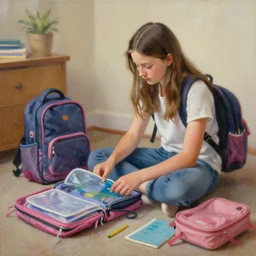 a girl named taylen sitting on the floor organizing school supplies for her first day of school ambient lighting, amazing detail, oil painting