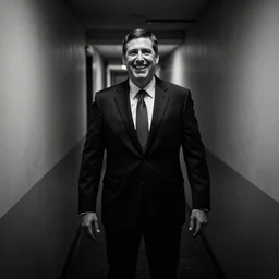 Ted Cruz with a wide grin standing at the end of a long narrow corridor, black and white, creepy lighting, highly detailed, scary, horror, eerie, fear