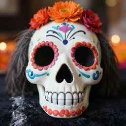 a candy sugar skull havanese dog skull, mexico, day of the dead, close up photo, panasonic gh 6 6 0 mm bokeh