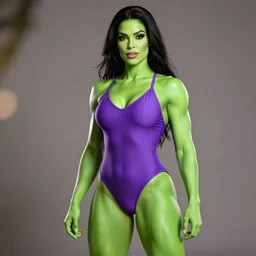 photoshoot of the gorgeous sensational she hulk, she is wearing a purple one piece swimsuit, she is tall, very fit and extremely muscular, she has bright green skin all over her body, long black hair, hyperreal, highly detailed, studio lighting, soft focus, bokeh
