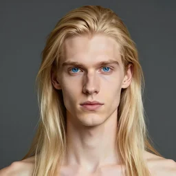 tall skinny guy with white skin, sky blue eyes, long golden hair, realistic, portrait