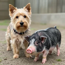 “photograph of a mix between a cairn terrier and a pig”