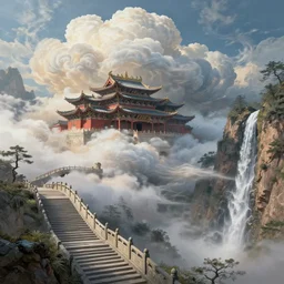 a gorgeous painting by franklin booth. epic clouds in the wind!! chinese hanging temple. yungang buddh. the winding steps. stone bridge. clouds in the wind!! ultra clear detailed. 3 d, octane render. water fall farom the mountain.