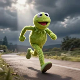 Kermit sprinting towards the camera, motion blur, fast photo, realistic, surreal, digital photo
