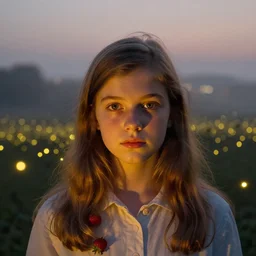 face portrait young girl, night fireflies, foggy city in background, strawberries, golden hour, 1 9 8 0, greg hildebrandt, ralph horsley, john howe, victor nizovtsev, steve argyle, mark arian, karol bak, daniel f. gerhartz, mary jane ansell