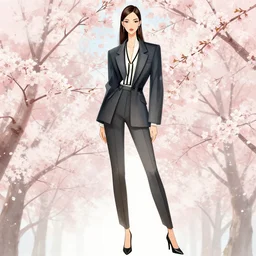 modernist fashion illustration, cherry blossom background