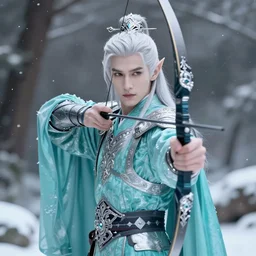 portrait of a handsome male snow elf in a turquoise cape and silver ornate armour as an archer, albino skin, winter vibes, perfect face, elegant, very coherent symmetrical artwork, atmospheric lighting, rule of thirds, by wenjun lin, krenz cushart, charlie bowater, trending on artstation