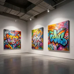 interior futuristic art gallery wide angle highly detailed by ricardo boffil, wall hanging paintings of grafitti art by santiago calatrava and wlod, captivating 8 k hdr, octane render godrays