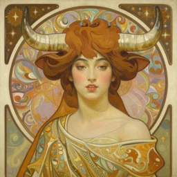 female princess, japanese beauty fair skin, venus planet imagery, longhorn bull, digital oil paining by artgerm, greg rutkowski, mucha, portrait | art nouveau. d & d. ornate intricate detail, complimentary earth tones and colors. sharp edges. clear detailed. 8 k. elegance
