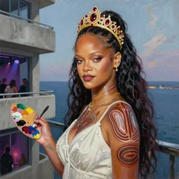 palette knife oil painting portrait of rihanna, a princess - with gold tiara with rubies and diamonds, woman in white dress and australian aboriginal body paint, concrete balcony, nightclub, artstation trending, artgerm, any racial background, deviant art, hipster, octane, substance, art history 8 k
