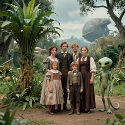 highly detailed, 435456k film, 1612800mm film still from a sci fi blockbuster color movie made in 2019, set in 1860, of a human family standing next to an alien plant, a cute humanoid alien stands nearby in a park on an alien planet, the family are wearing 1860s era clothes, good lighting, good photography, ultra high definition