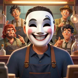 portrait of a cinematic still of miyamotoas as the happy mask salesman, grinning, art by lois van baarle and loish and ross tran and rossdraws and sam yang and samdoesarts and artgerm and saruei and disney, digital art, highly detailed, intricate, sharp focus, trending on artstation hq, deviantart, 4 k