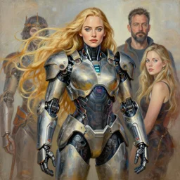 portrait of emma stone wearing bulky cybernetic power armor. long flowing blonde hair. intricate painting by ross tran, magali villeneuve, and jeremy mann.