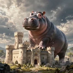 a giant Hippopotamus destroying a castle, digital art