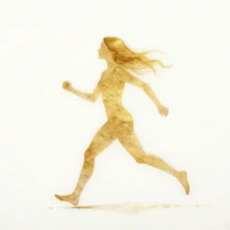 beautiful serene runner, healing through motion, life, uplifting, minimalistic golden and ink airbrush painting on white background, pristine dream