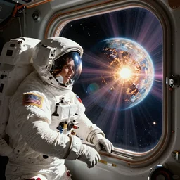 astronaut looking through window on a space station watching a planet disintegrate, hyper detailed, concept art by rhads, greg manchess, craig mullins, bernie fuchs, walter everett