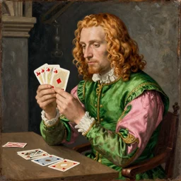 intricate beautiful medium - shot, the card player man, blonde reddish hair, in green and pink clothes of 1 7 th century, holds playing cards, in card's player by sezanne, matte painting, renaissance painting